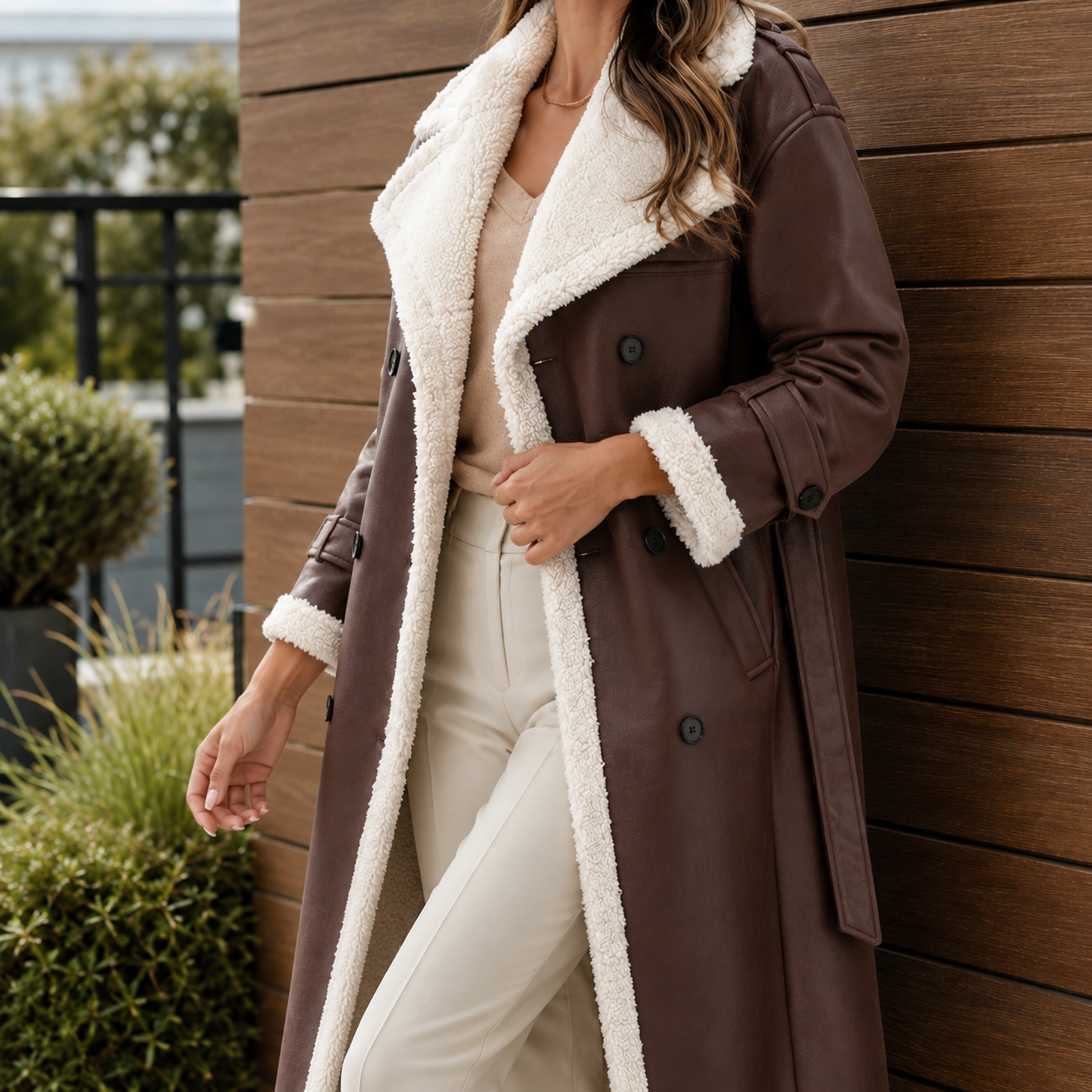 Serena Contrast Trim Coat - Brown