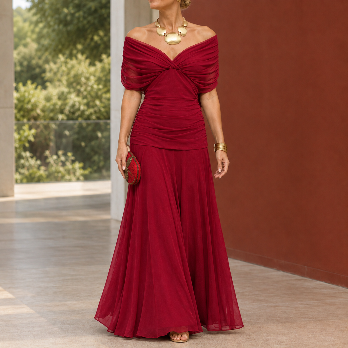 Liora Draped Maxi Dress - Red