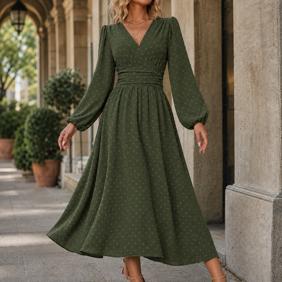Arletta Ruched Waist Dress - Military Green