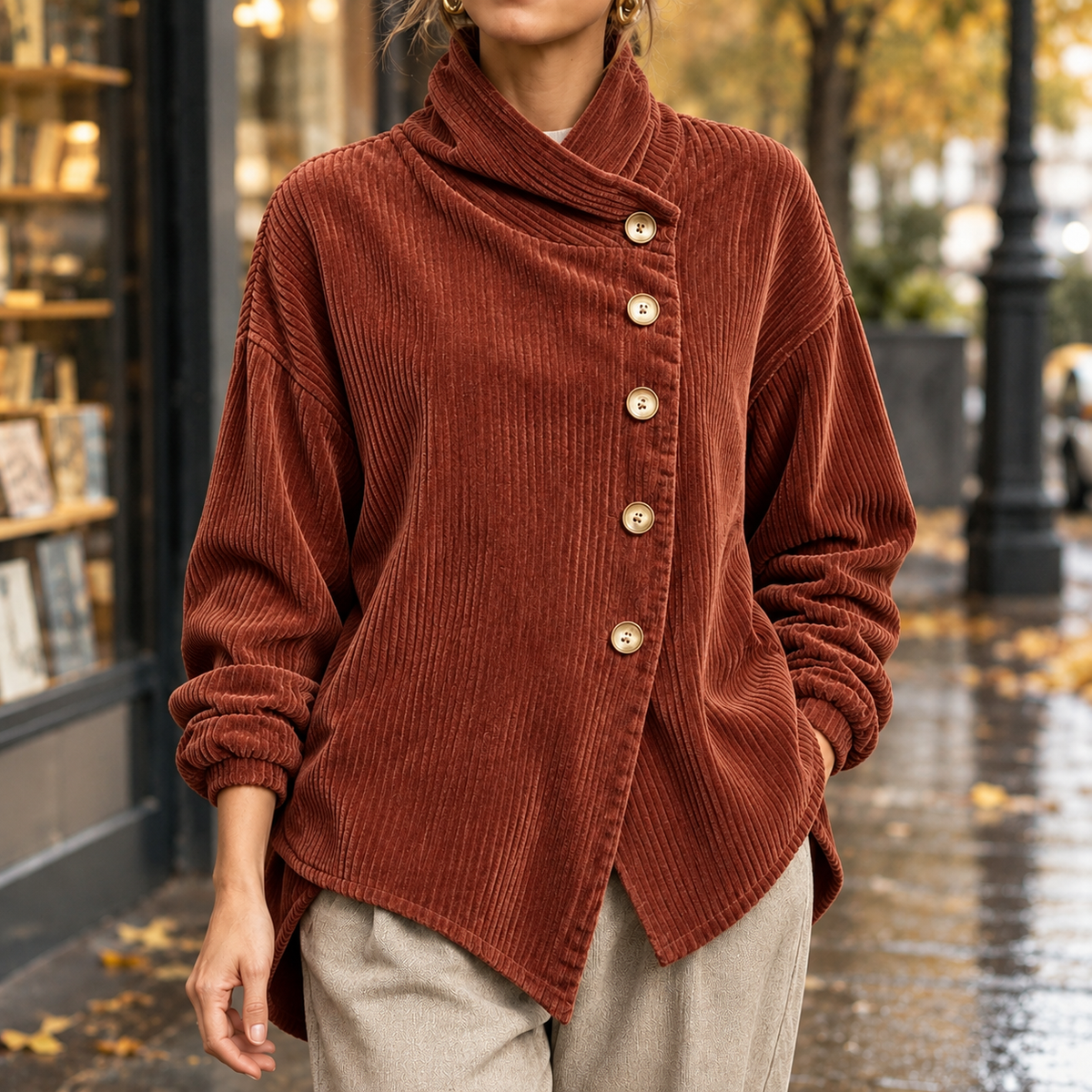Fenna Asymmetric Corduroy Jacket - Brick Red