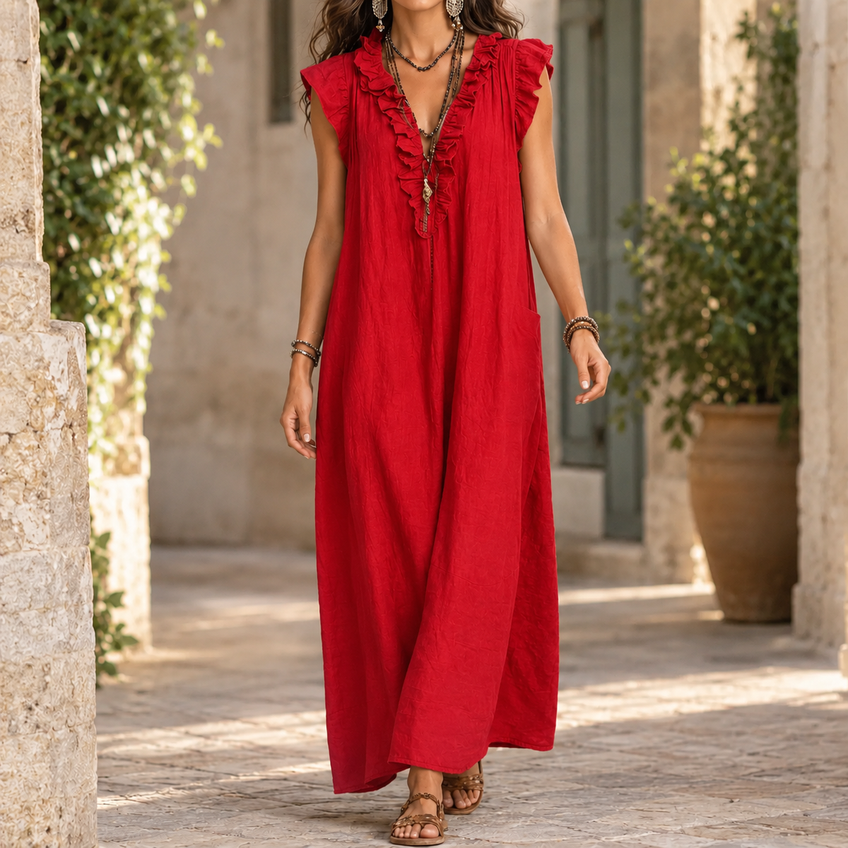 April Ruffled Maxi Dress - Red