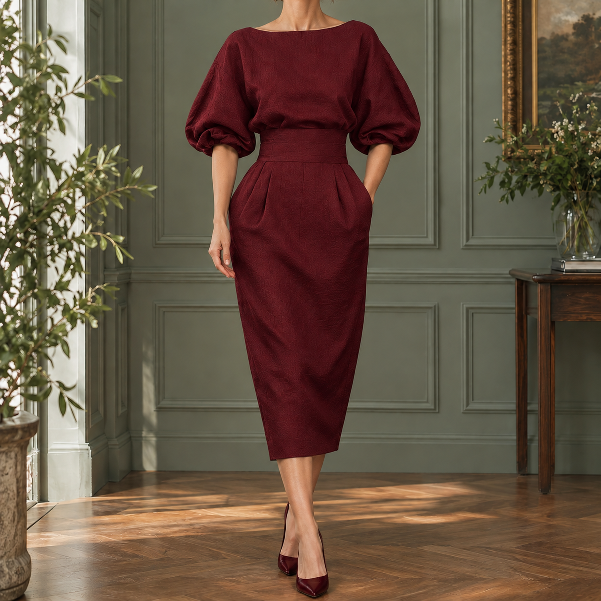 Bernadette Pleated Midi Dress - Wine Red