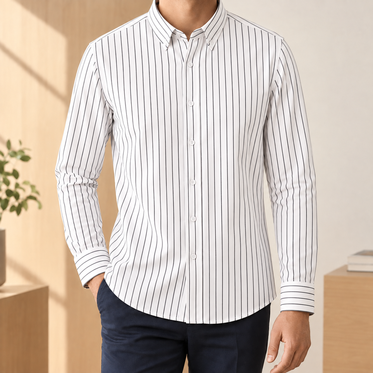 Elliot Striped Shirt - White Black Pinstripe