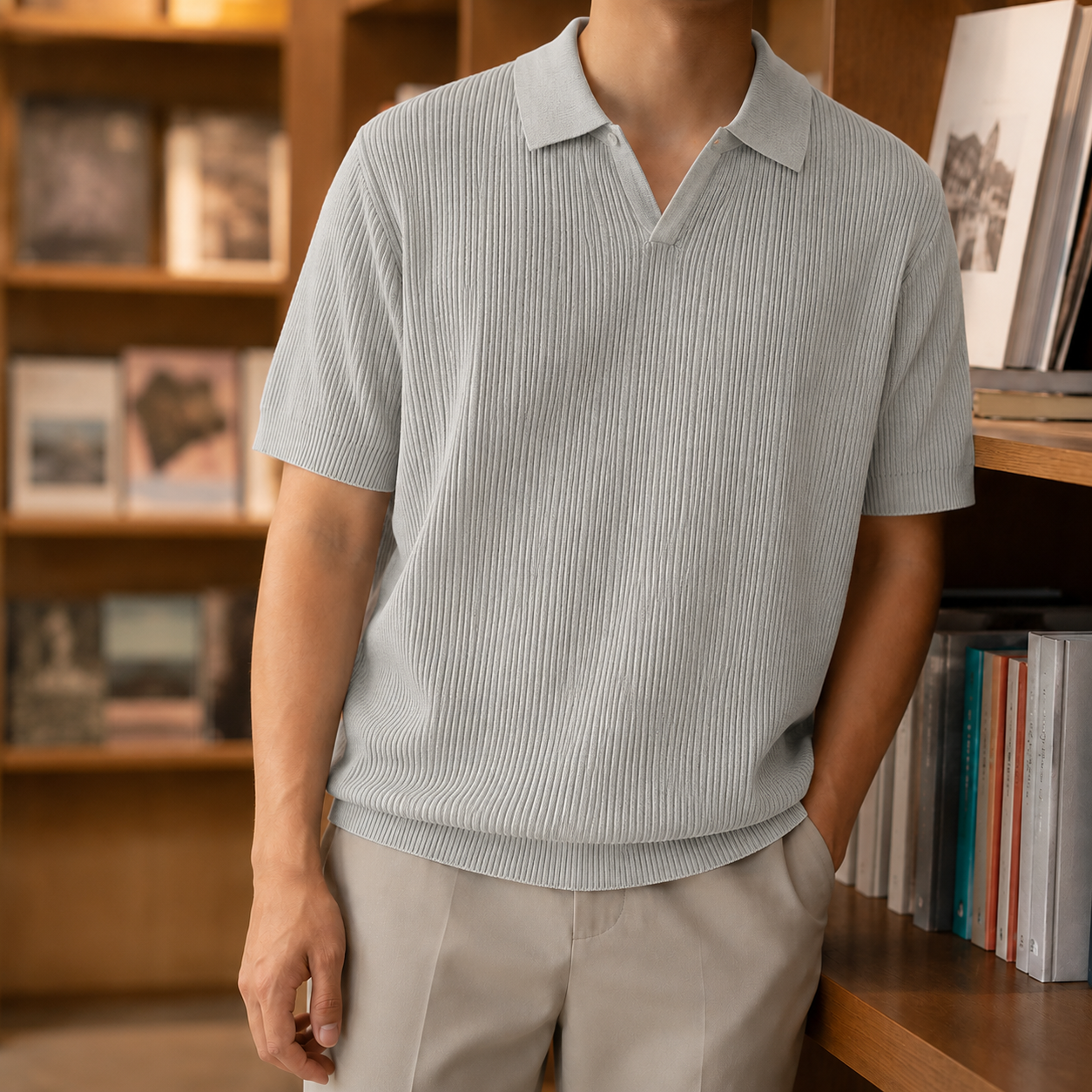 Louis Open-Collar Polo - Gray