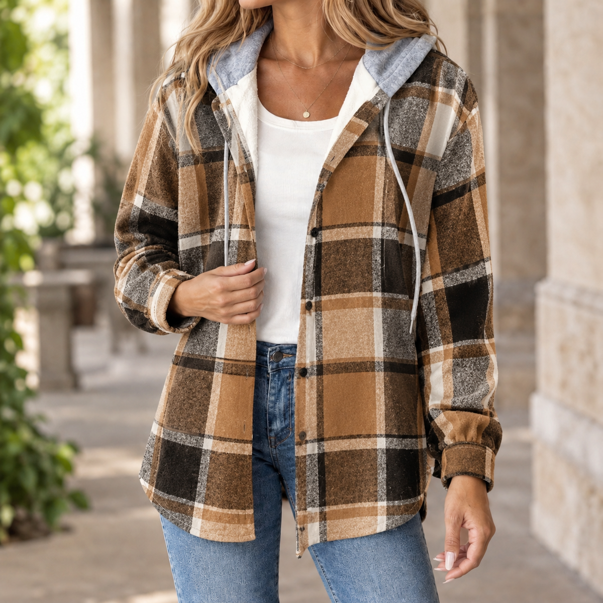 Penelope Plaid Hooded Jacket - Brown