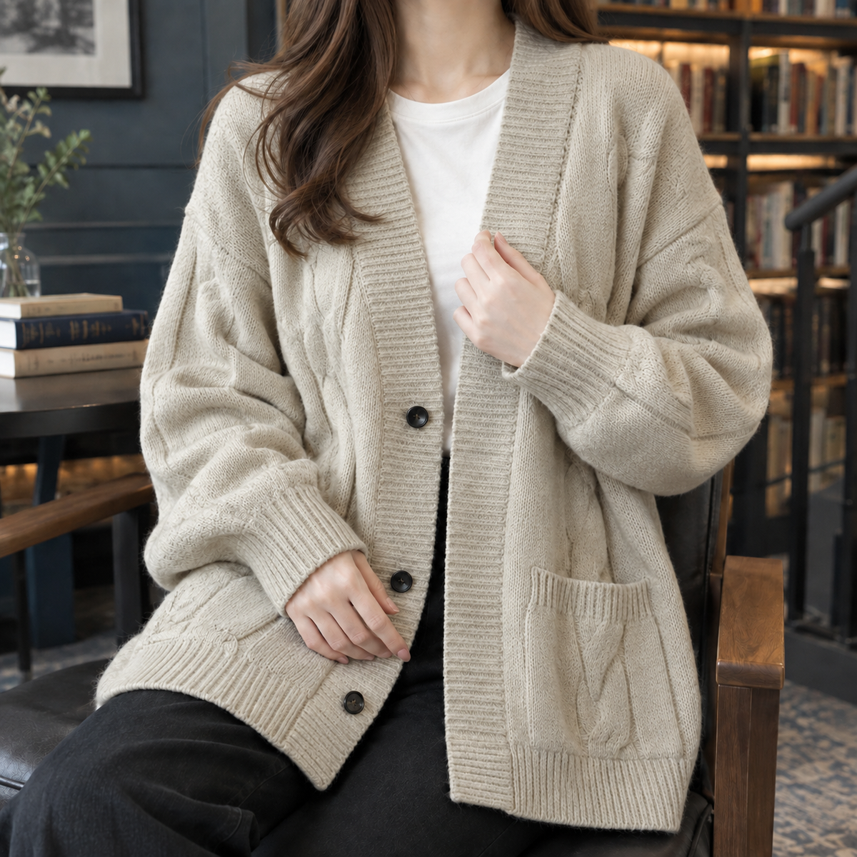 Odalys Cable Knit Cardigan - Khaki