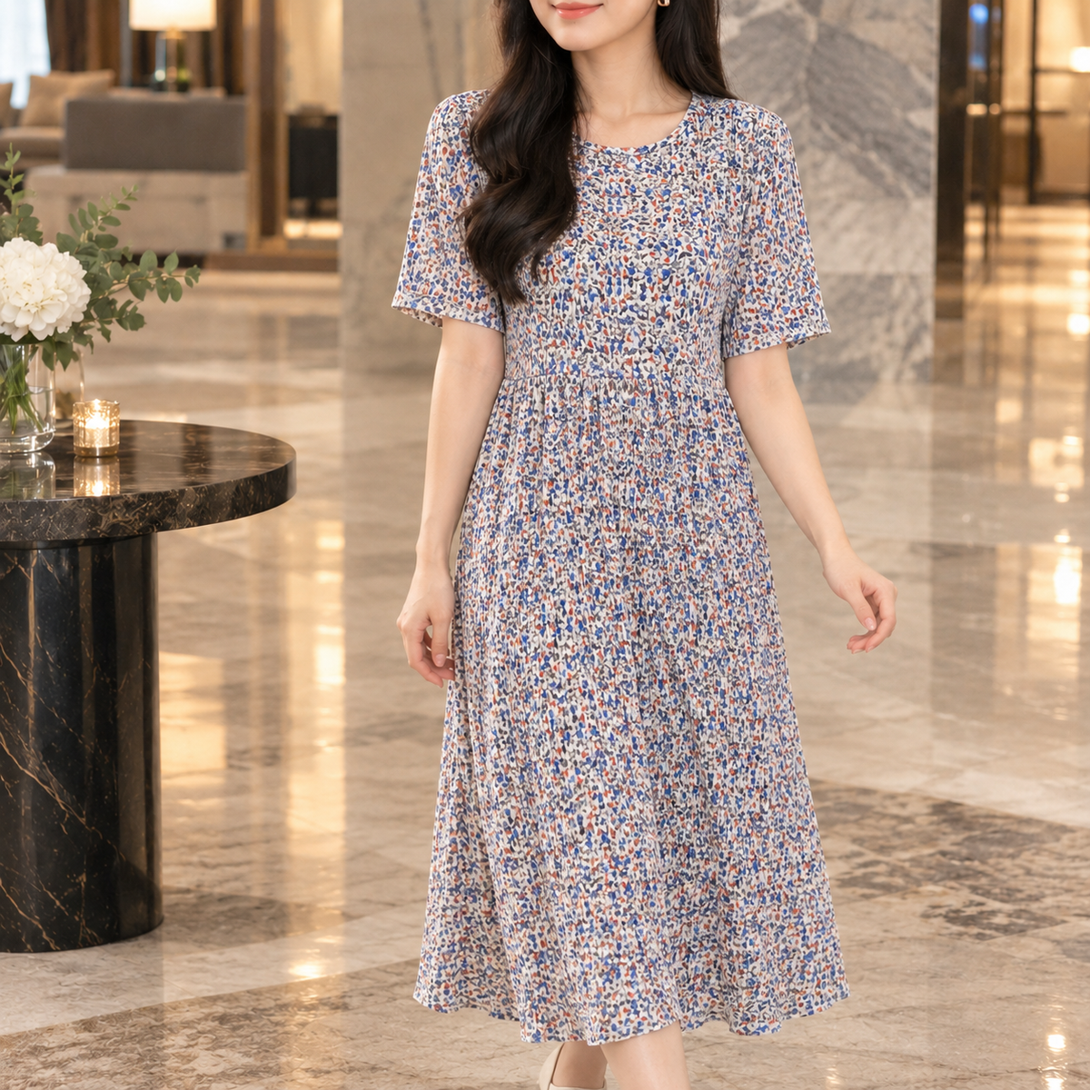 Celandine Pleated Midi Dress - Ivory Blue Floral