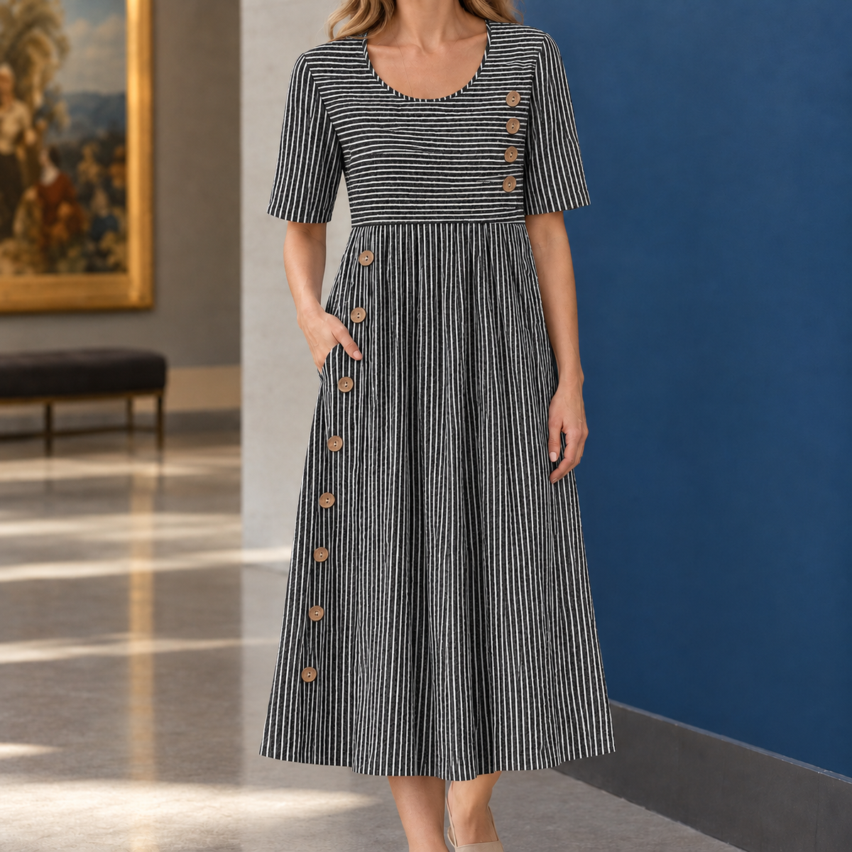 Aiglon Striped Midi Dress - Black