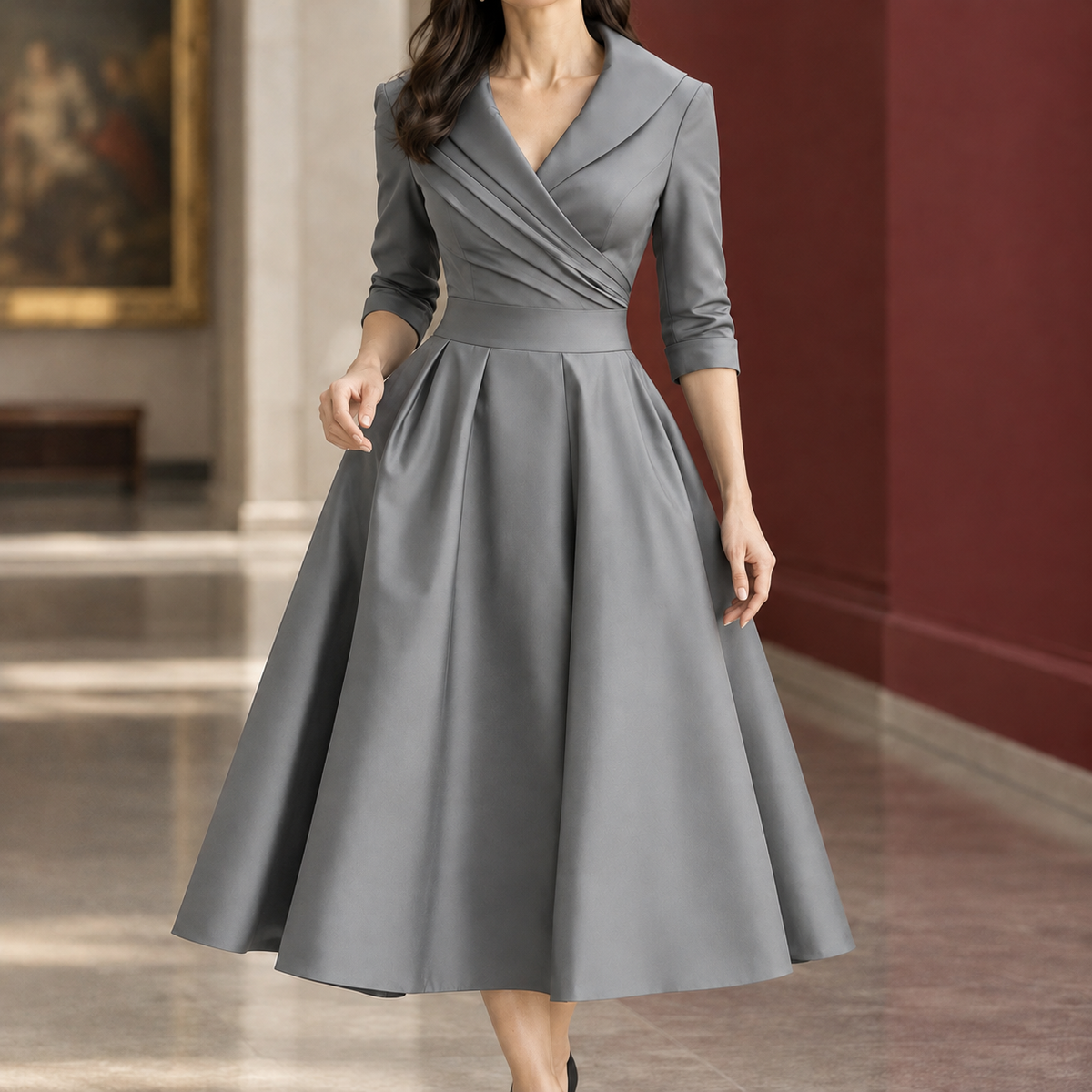 Maya Pleated Midi Dress - Gray