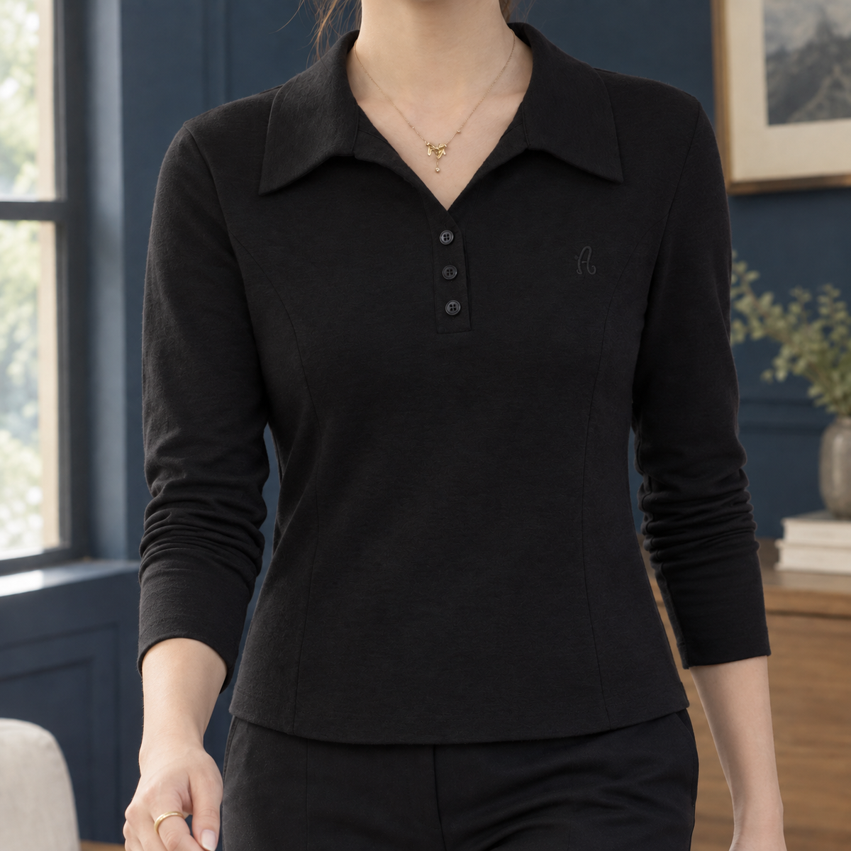 Saskia Collared Polo Top - Black
