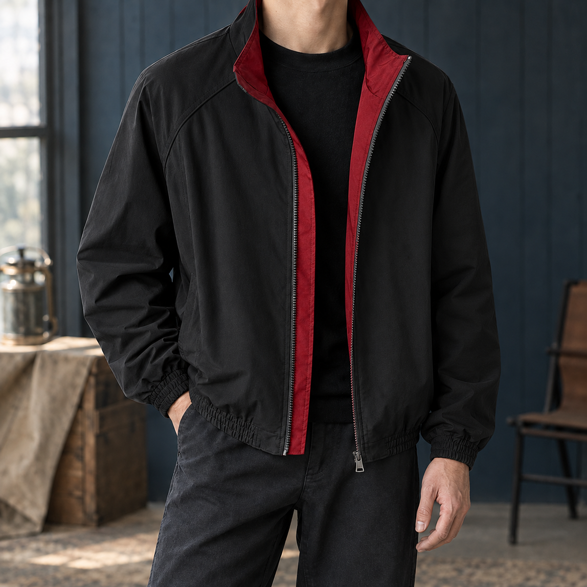 Jonah Stand Collar Jacket - Blackish Red