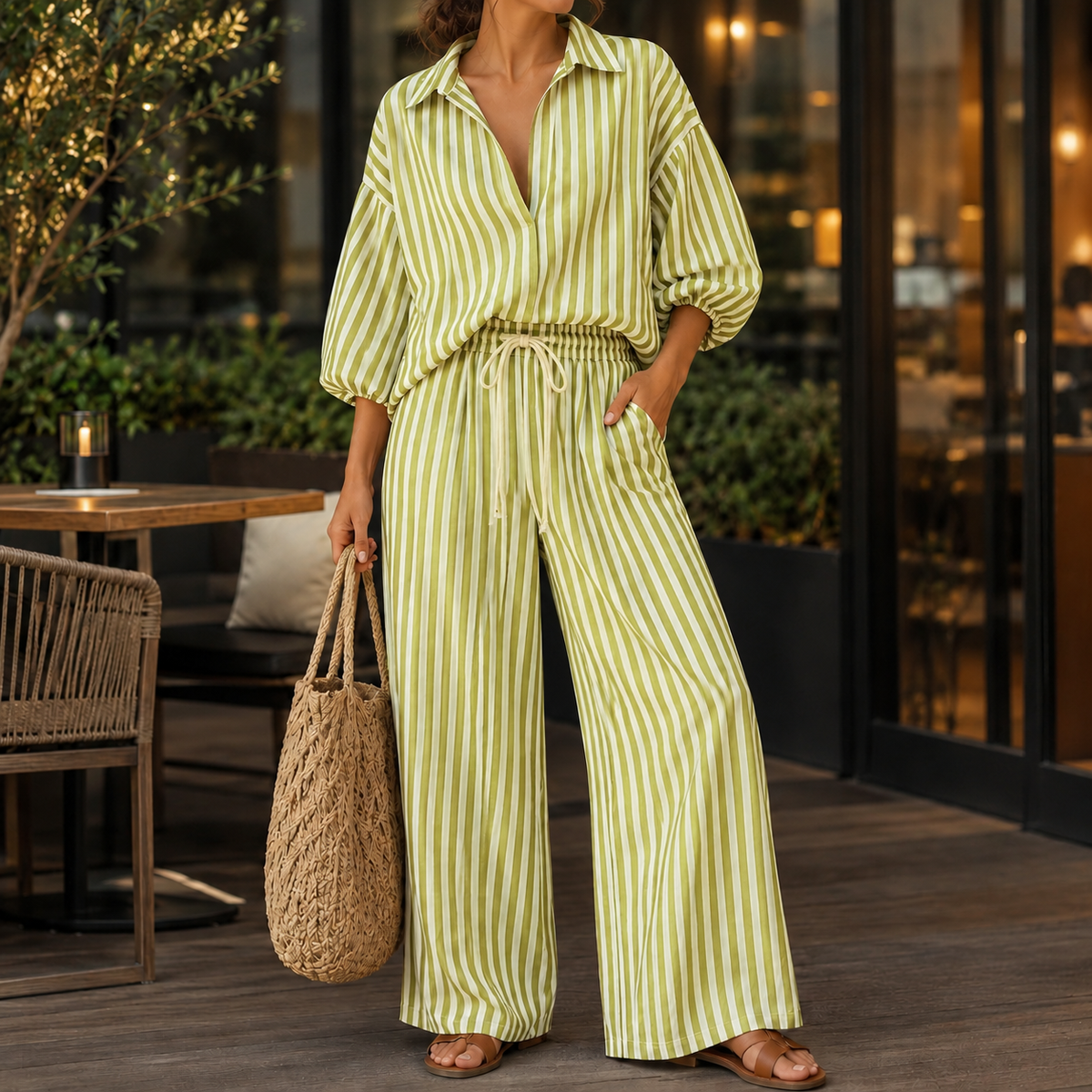 Apolline Striped Pants Set - Yellowish Green