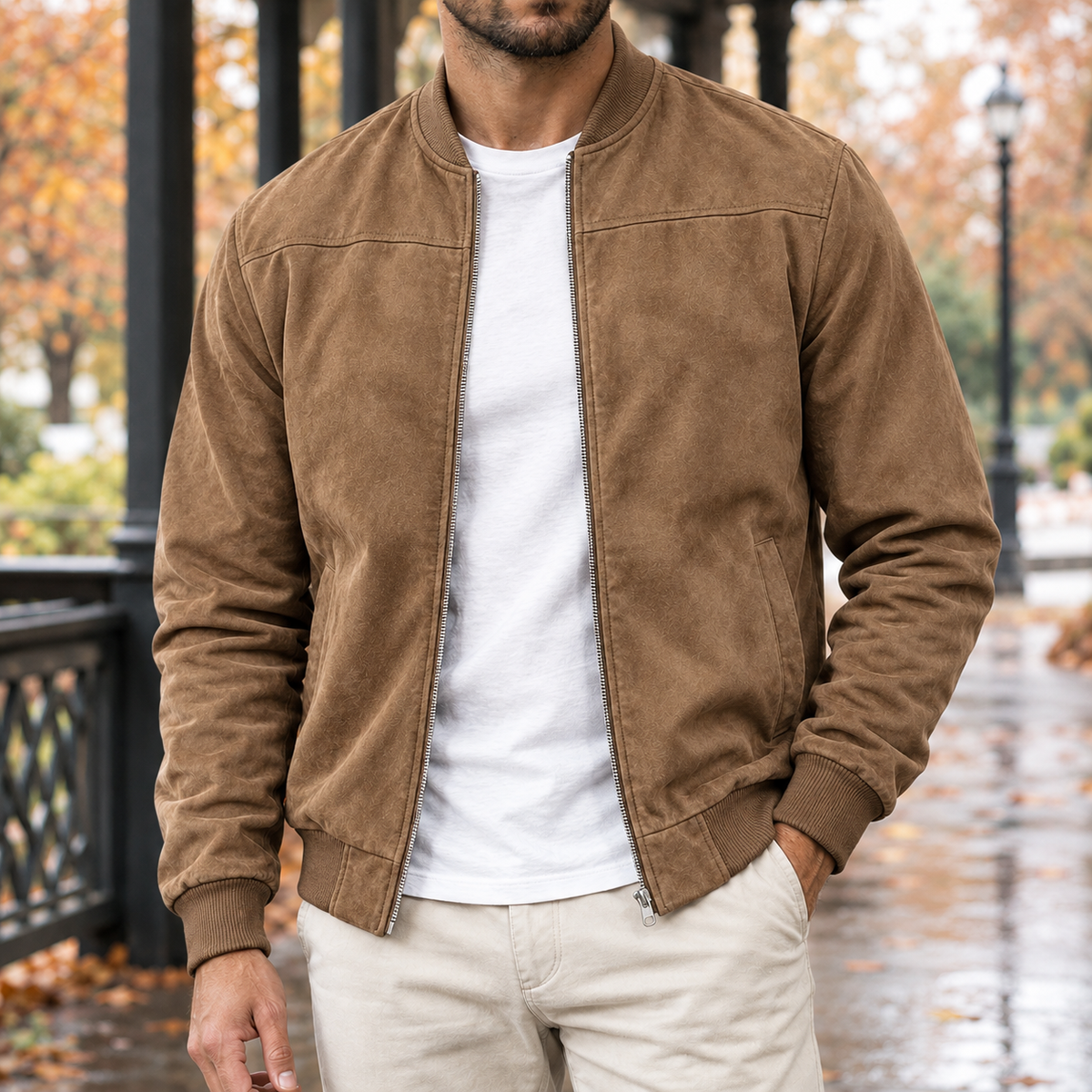 Dominic Suede Bomber Jacket - Caramel Brown