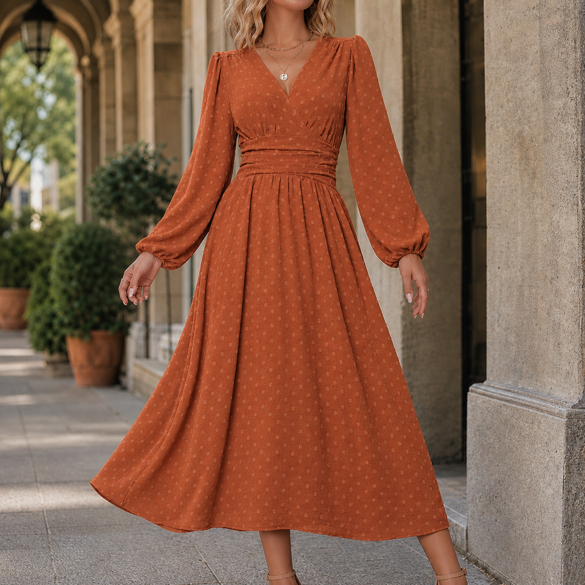 Arletta Ruched Waist Dress - Brick Red