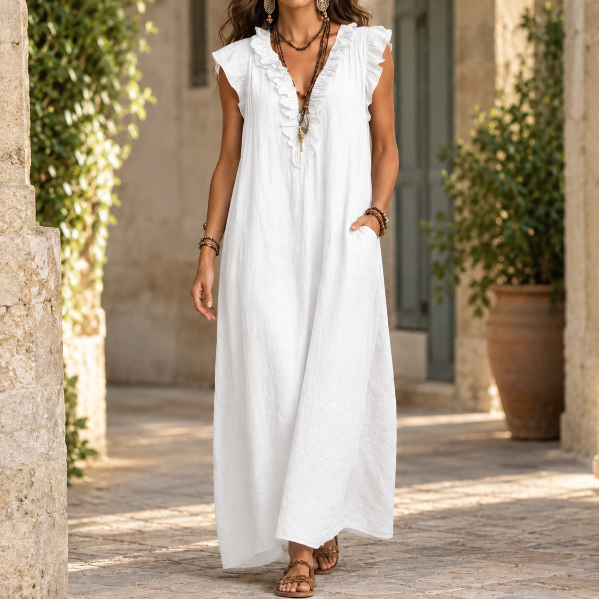 April Ruffled Maxi Dress - White