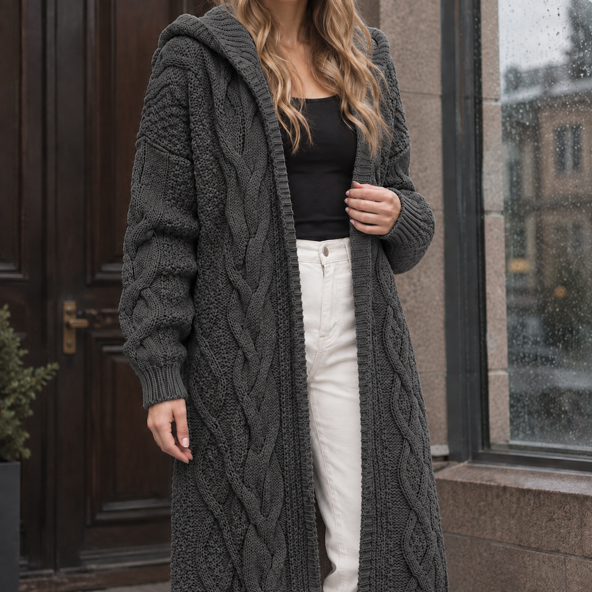 Theodora Cable Knit Cardigan - Dark Gray
