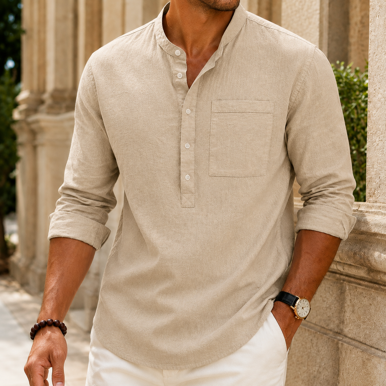 Reuben Stand Collar Shirt - Khaki Color