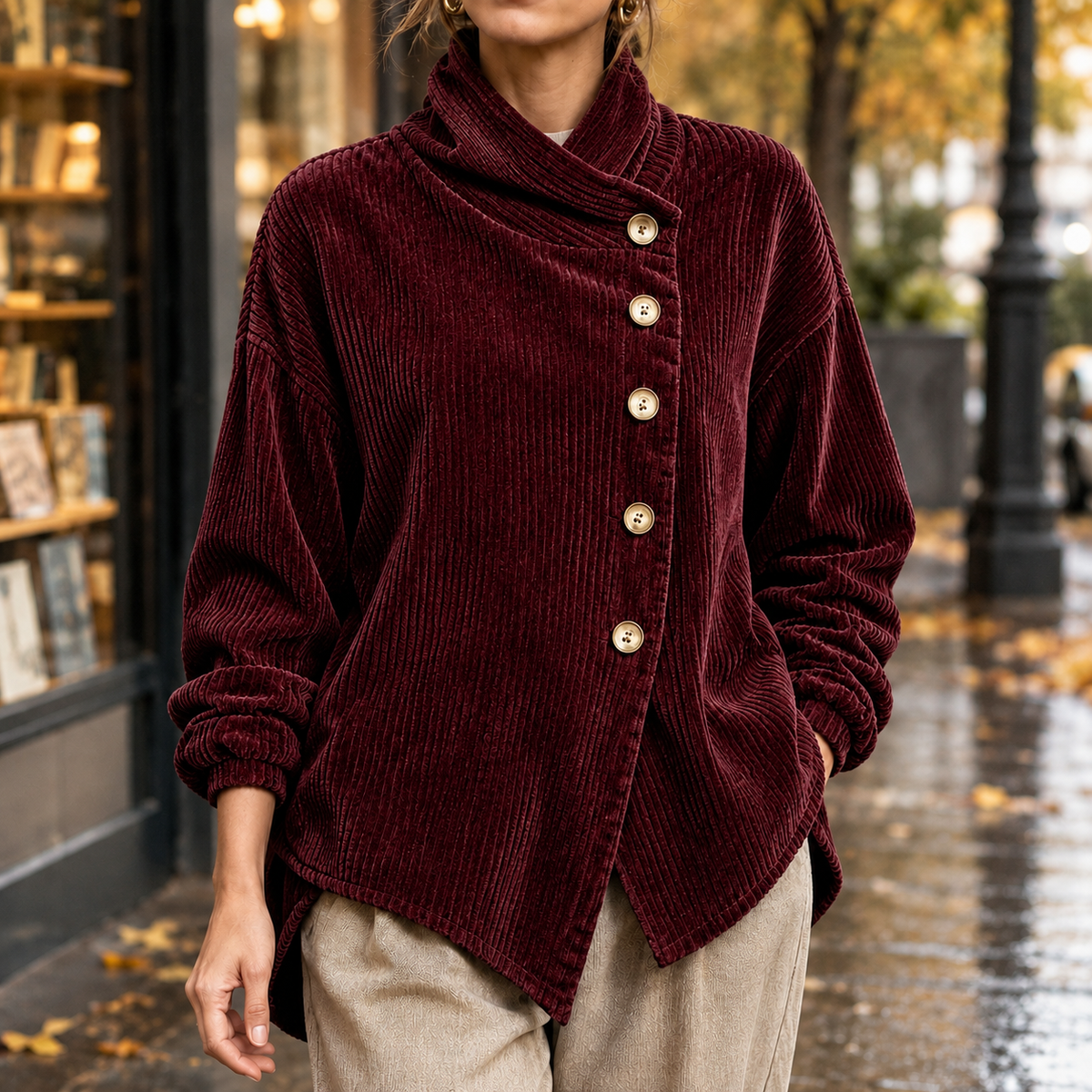 Fenna Asymmetric Corduroy Jacket - Wine Red