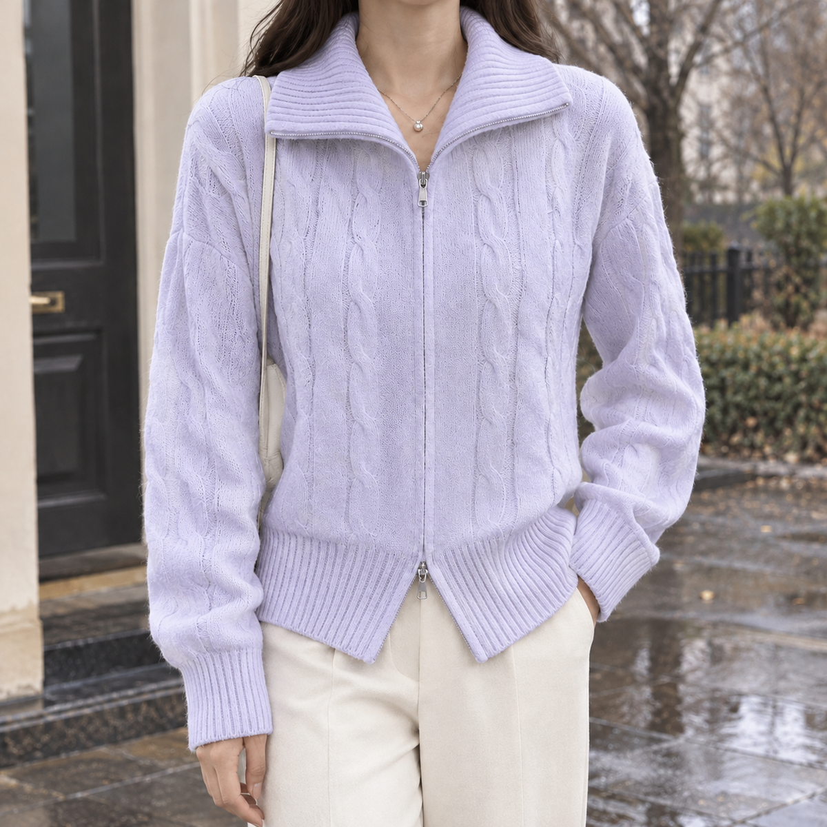 Chantal Cable Knit Cardigan - Purple