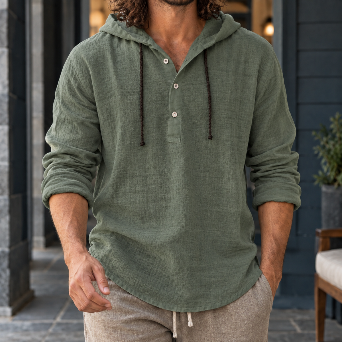 Herbert Hooded Henley - Army Green