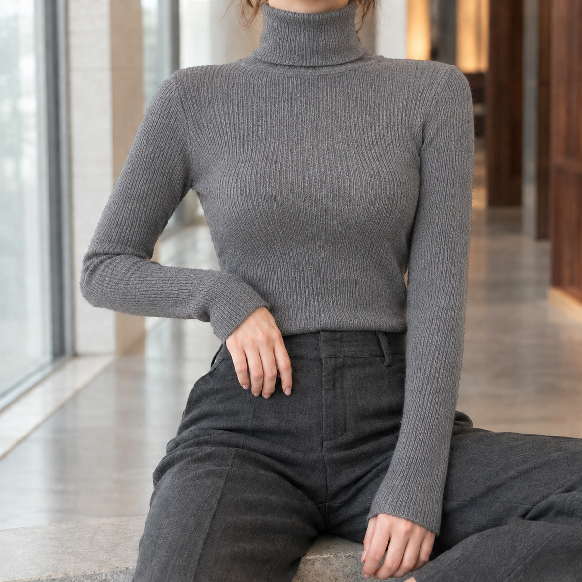 Sadie Ribbed Turtleneck Top - Gray