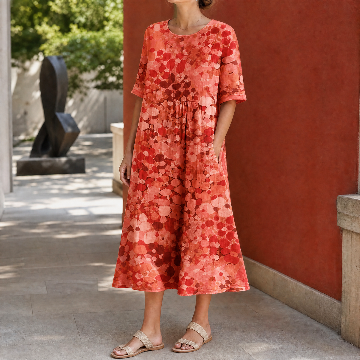 Mina Gathered Midi Dress - Brick Red