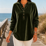 Elodie Velvet Henley Top - Army Green