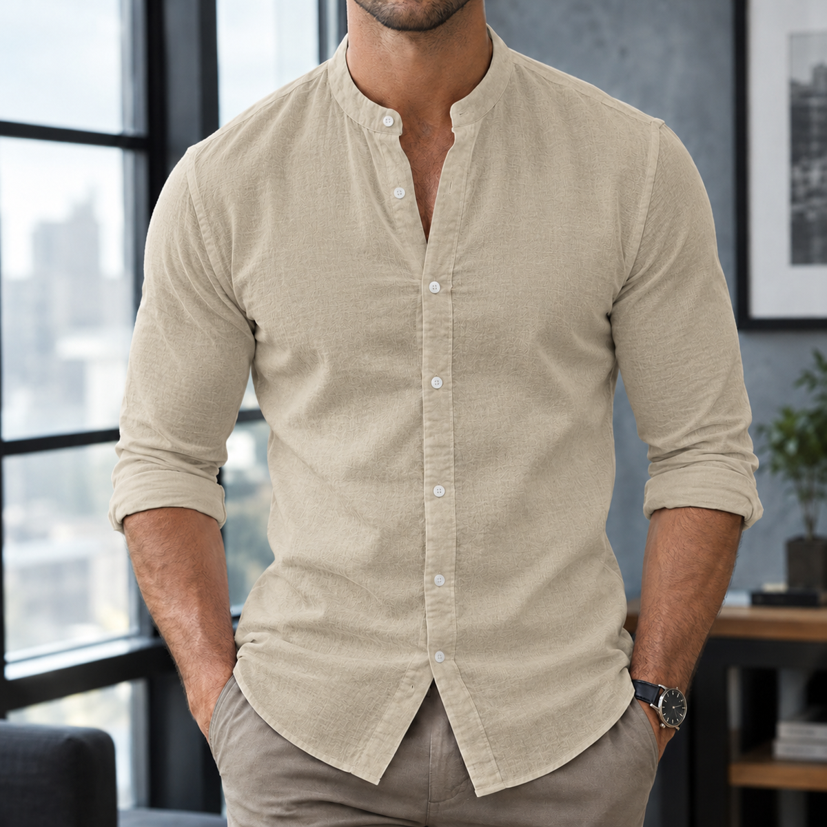 Gareth Stand Collar Shirt - Khaki
