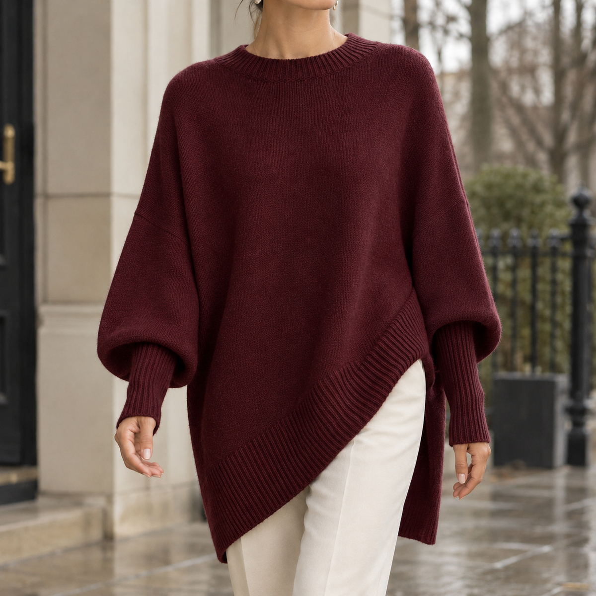 Ghislaine Asymmetric Wool Sweater - Wine Red