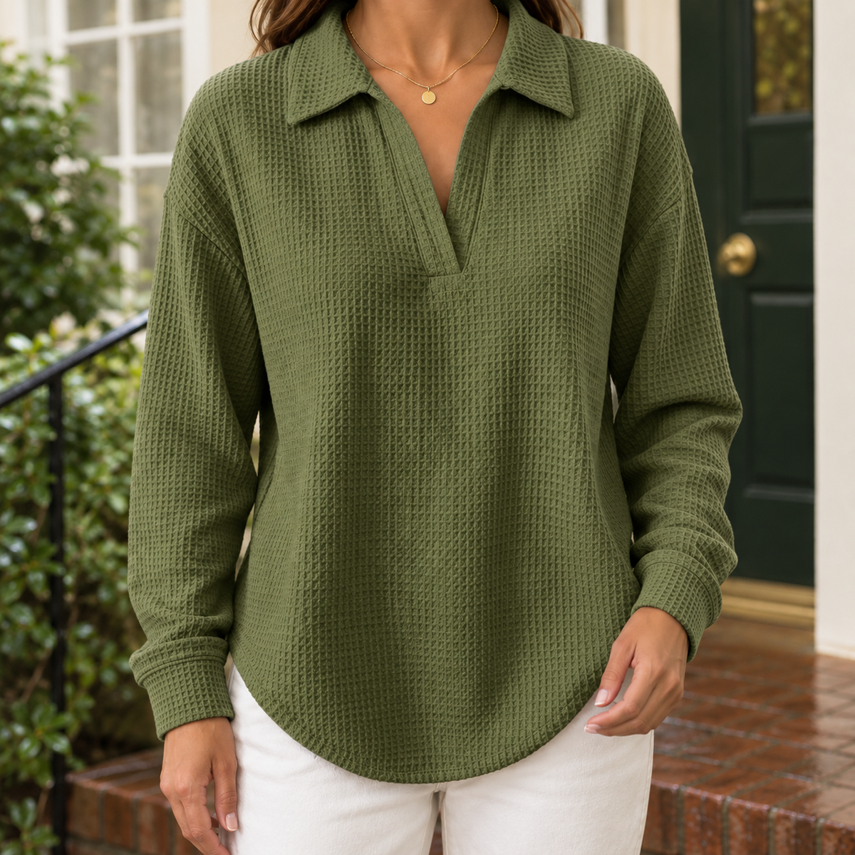 Harriet Waffle Sweater - Olive Green