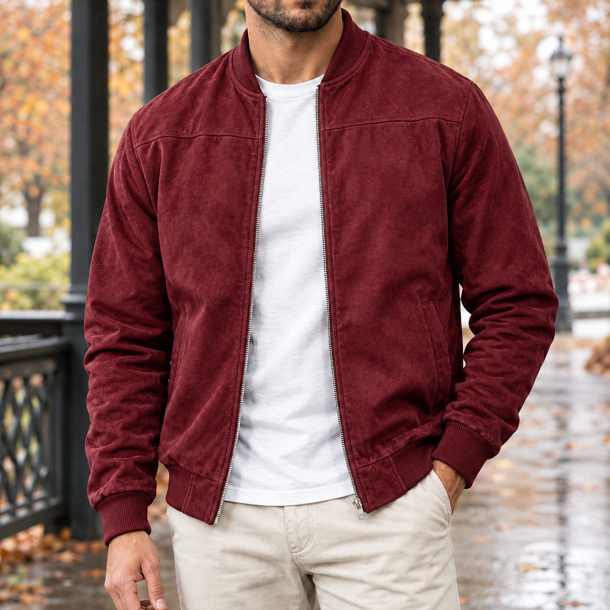 Dominic Suede Bomber Jacket - Wine Red