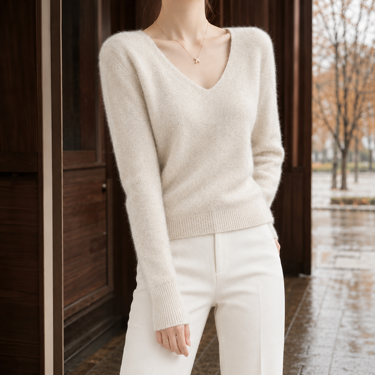 Leontine V Neck Sweater - Raw Beige