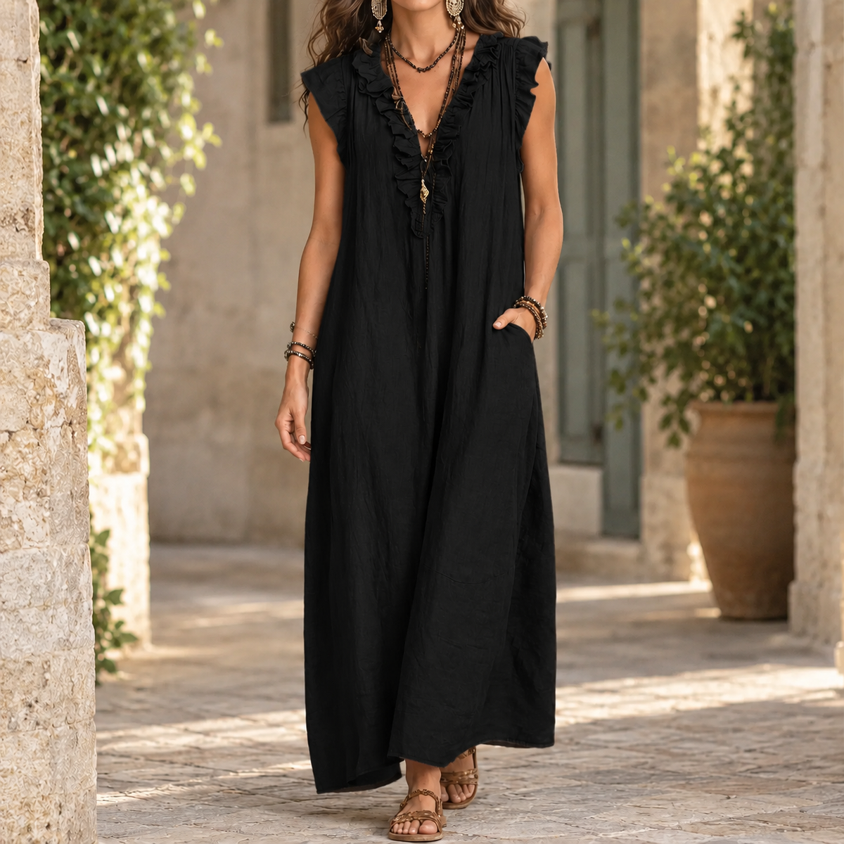 April Ruffled Maxi Dress - Black