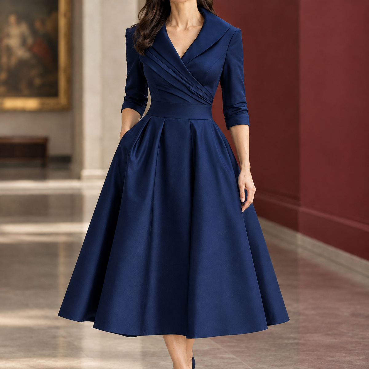Maya Pleated Midi Dress - Dark Blue