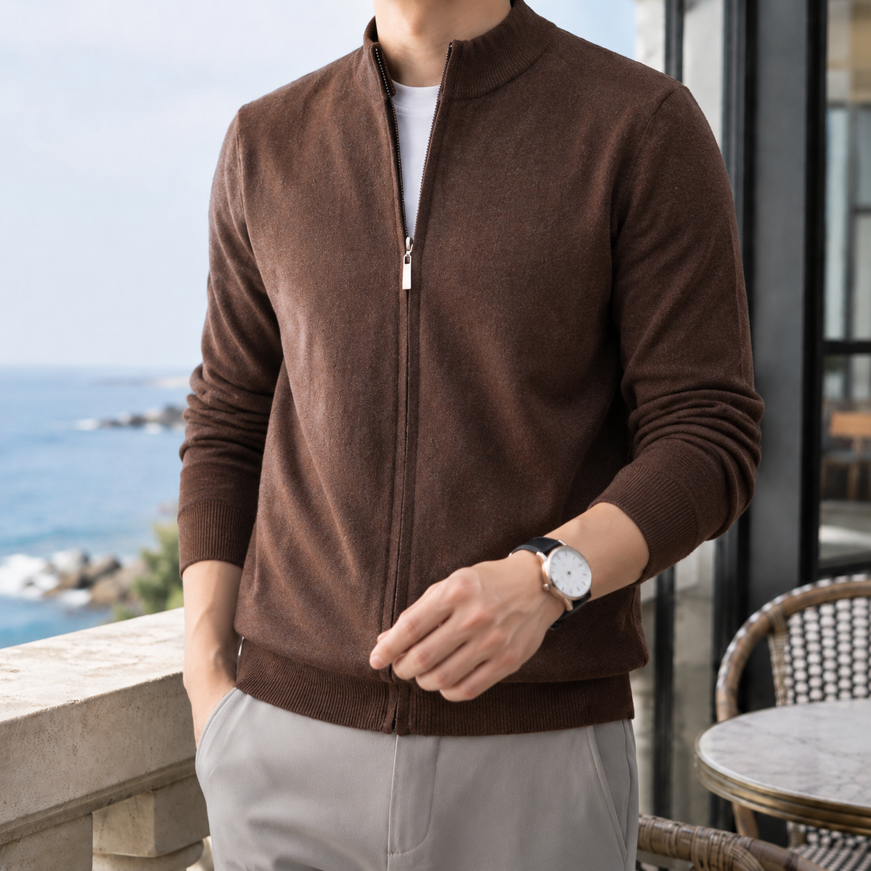 Philip Zip Knit Jacket - Coffee