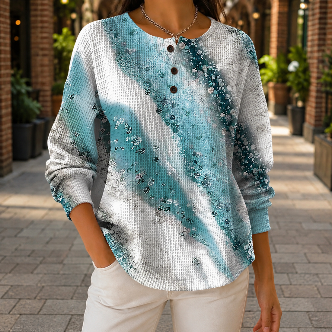 Sofia Relaxed Henley Top - Teal Gray Abstract