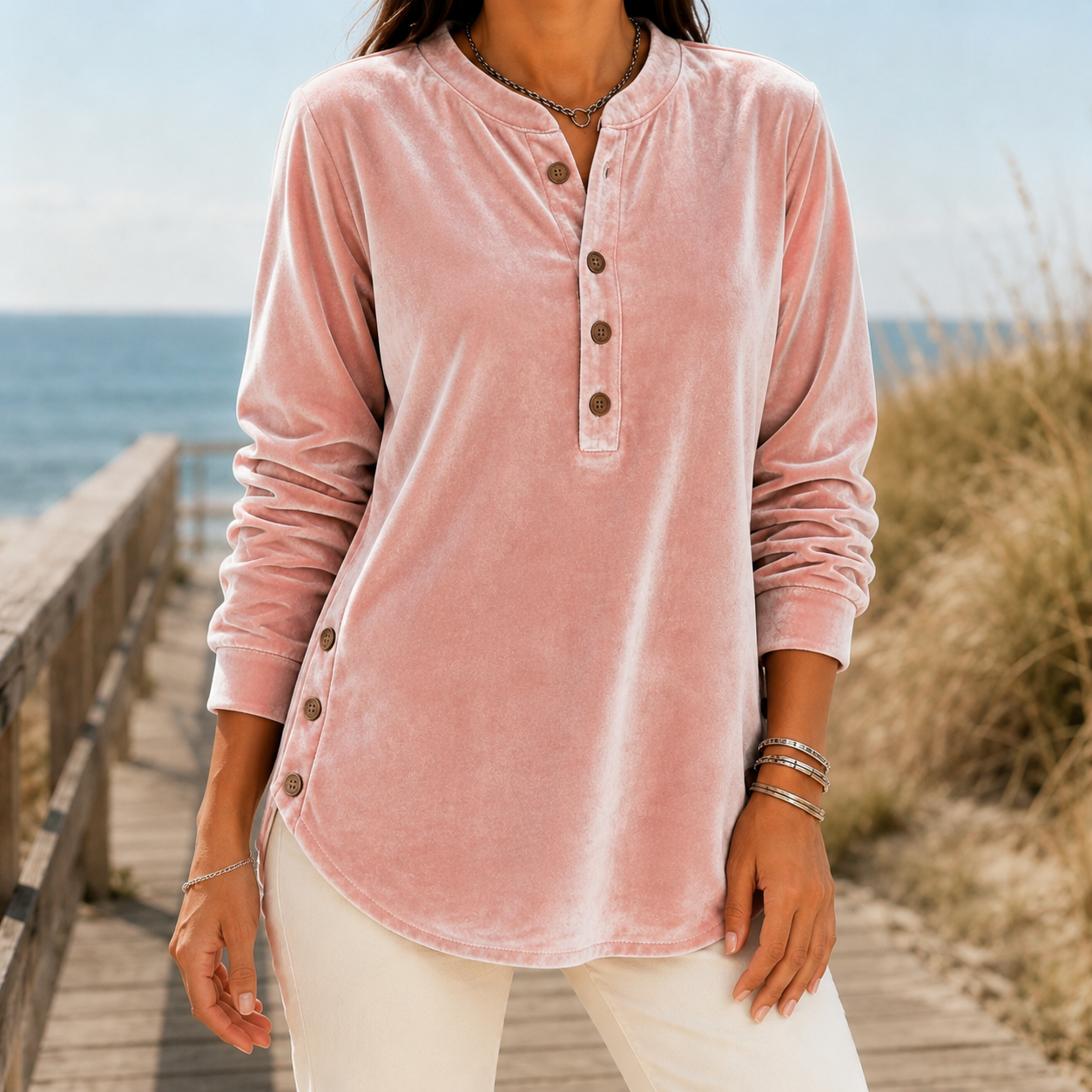 Elodie Velvet Henley Top - Pink