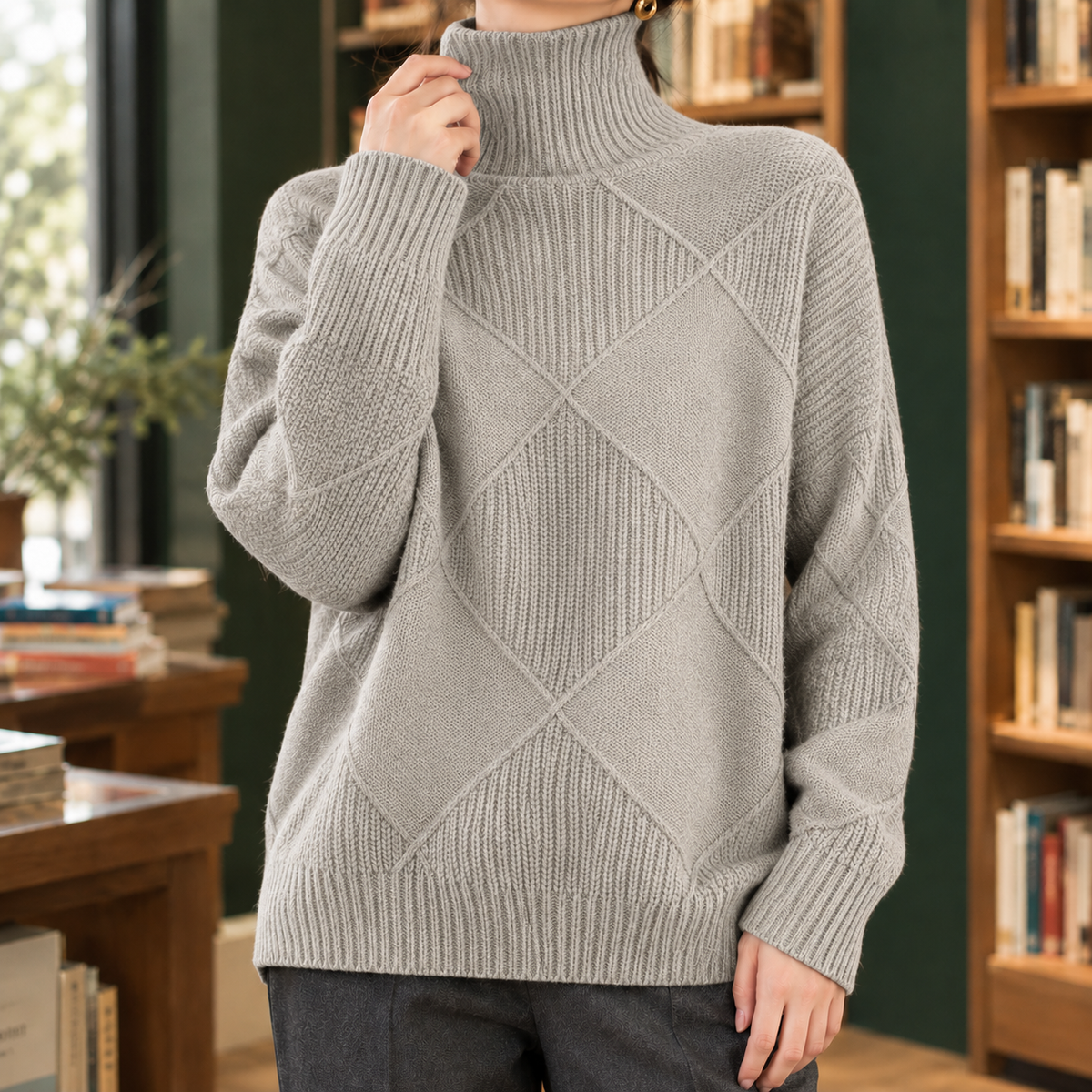 Fabienne Diamond Turtleneck Sweater - Light Gray