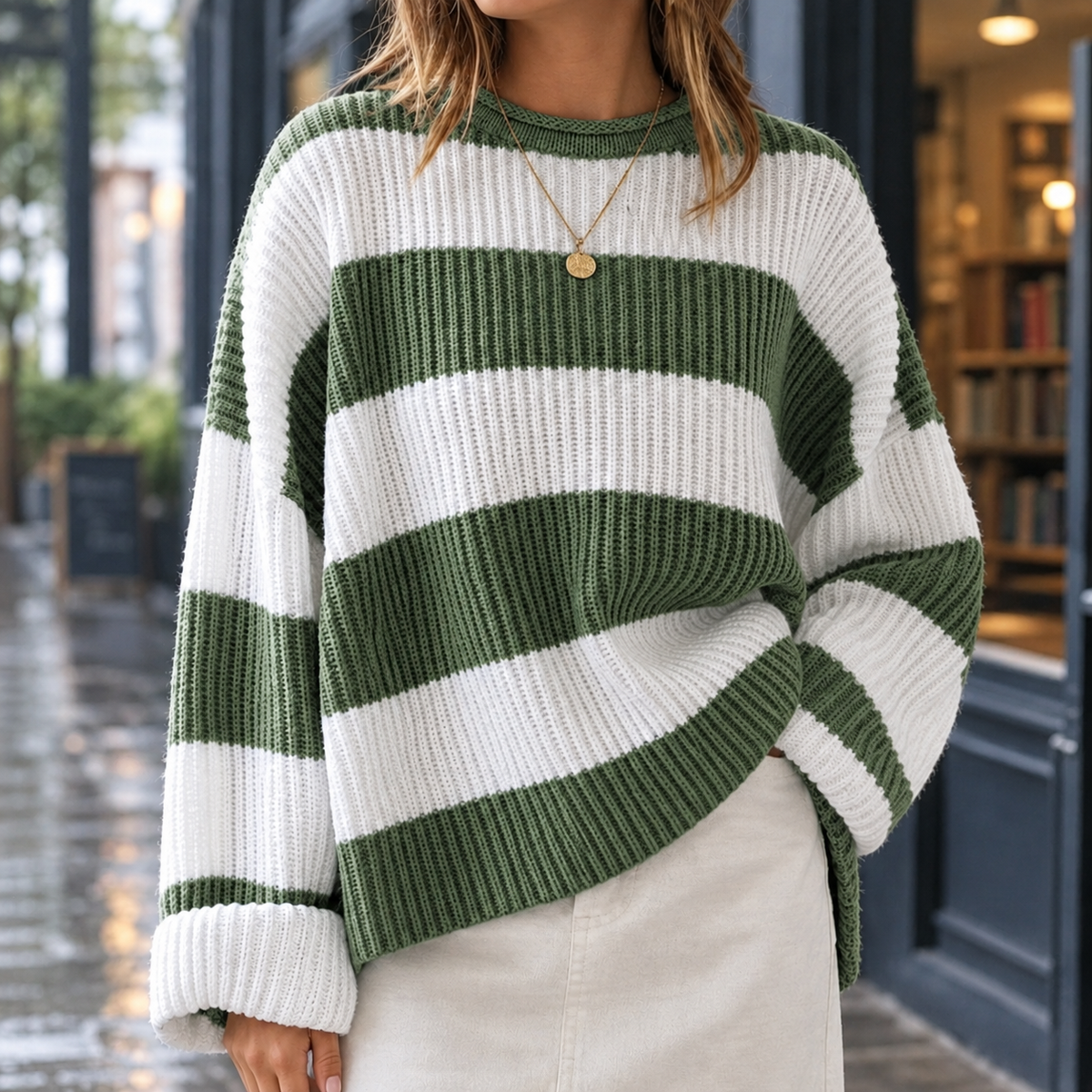 Danielle Striped Sweater - Military Green