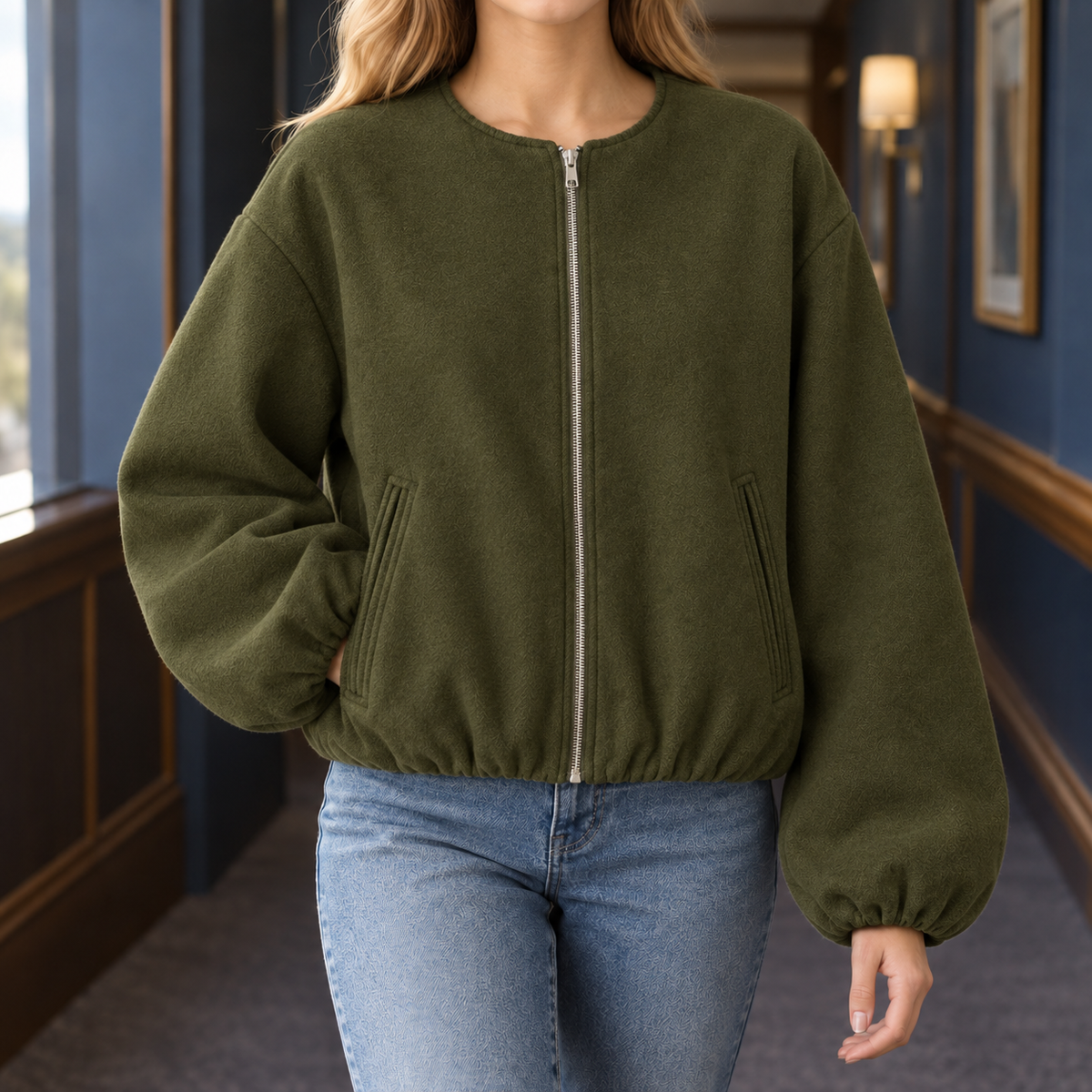 Ashley Collarless Jacket - Army Green