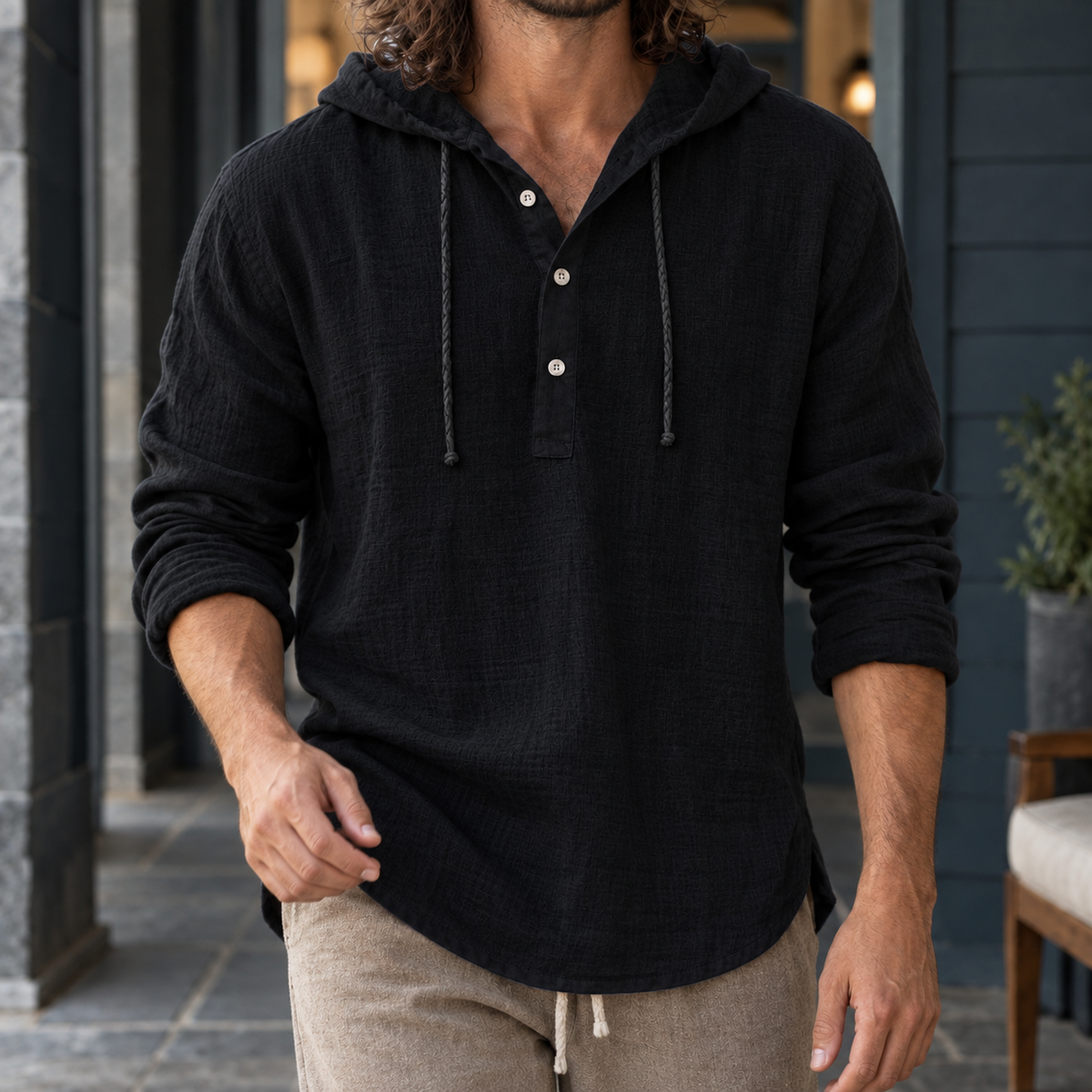 Herbert Hooded Henley - Black