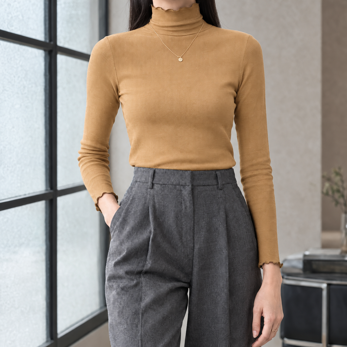 Maeve Ruffle Neck Sweater - Camel