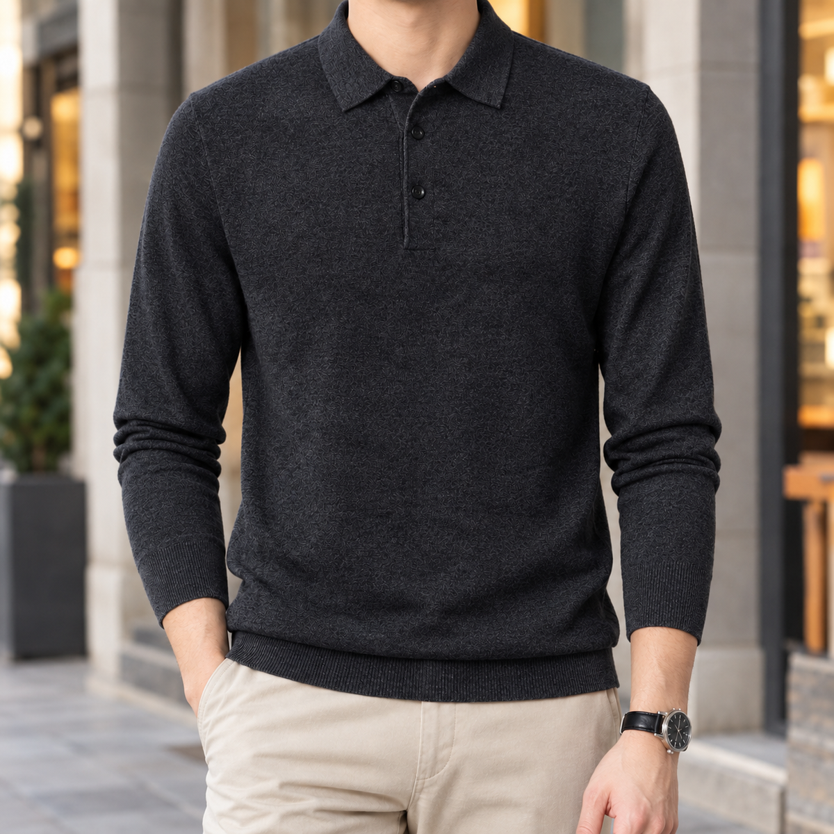 Liam Collared Polo Sweater - Black Gray