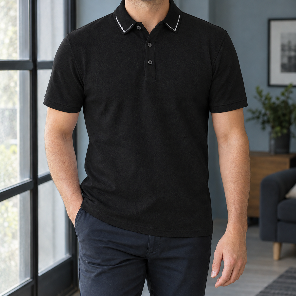 Arnaud Piped Collar Polo - Black